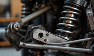 Detail of off-road suspension components inside workshop
